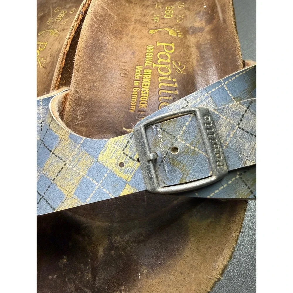Papillio Birkenstock Madrid Sandals Blue Yellow Plaid Argyle Buckle Slide 40 L9